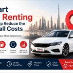 Modern white car with Dubai skyline in background for car rental services.